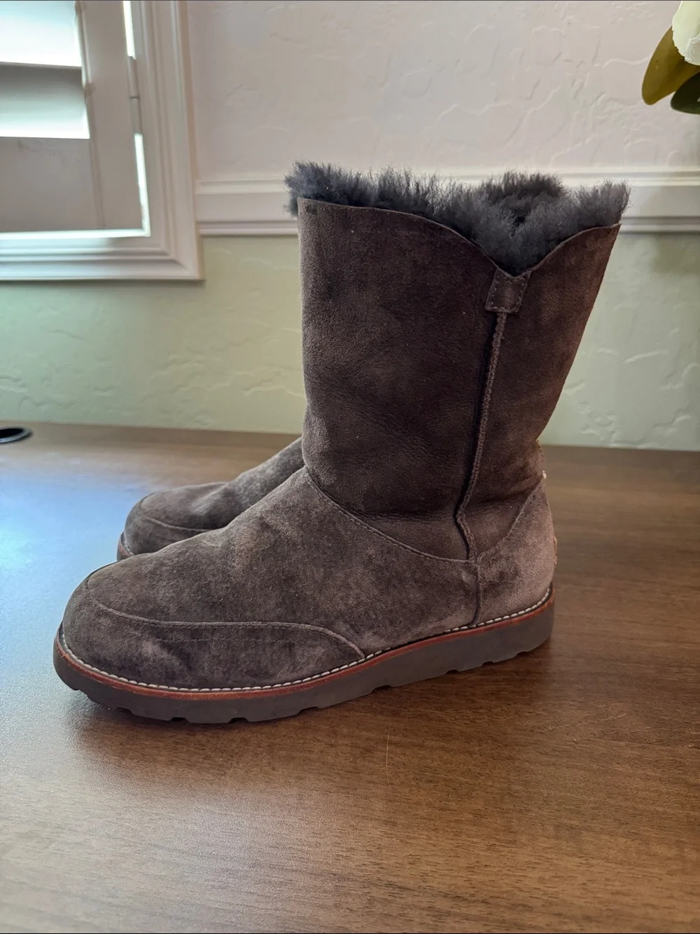 UGG Chocolate Embroidered Suede Shearling-Lined Mid-Calf Boot, Sz. 9